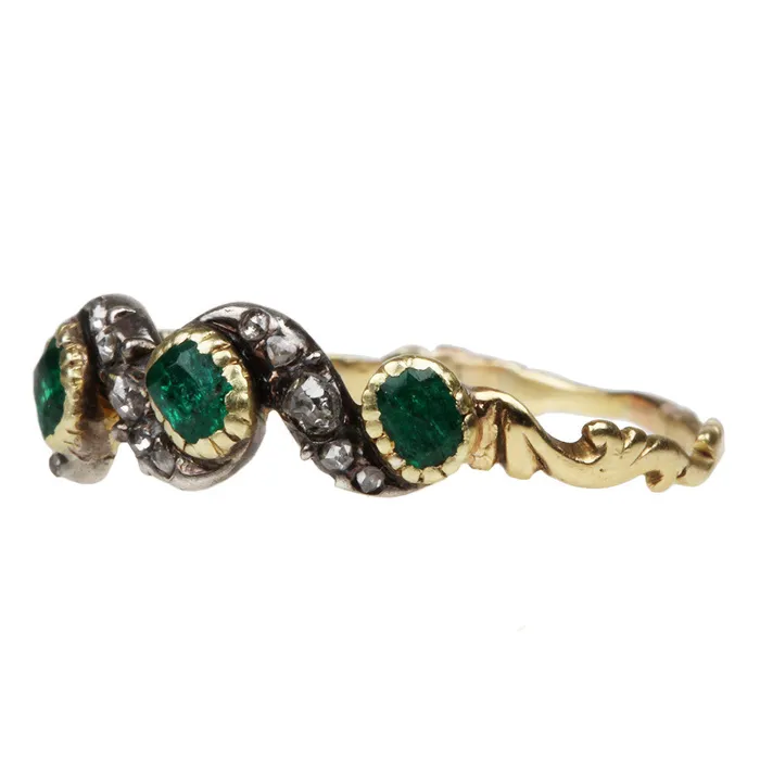 Bell Bird Antiques Rings Georgian Era Emerald and Diamond Ring