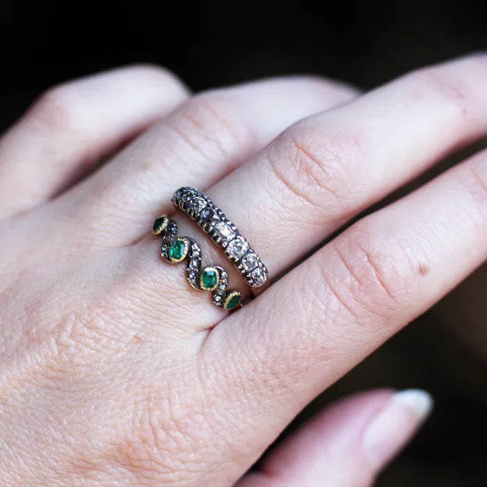 Bell Bird Antiques Rings Georgian Era Emerald and Diamond Ring