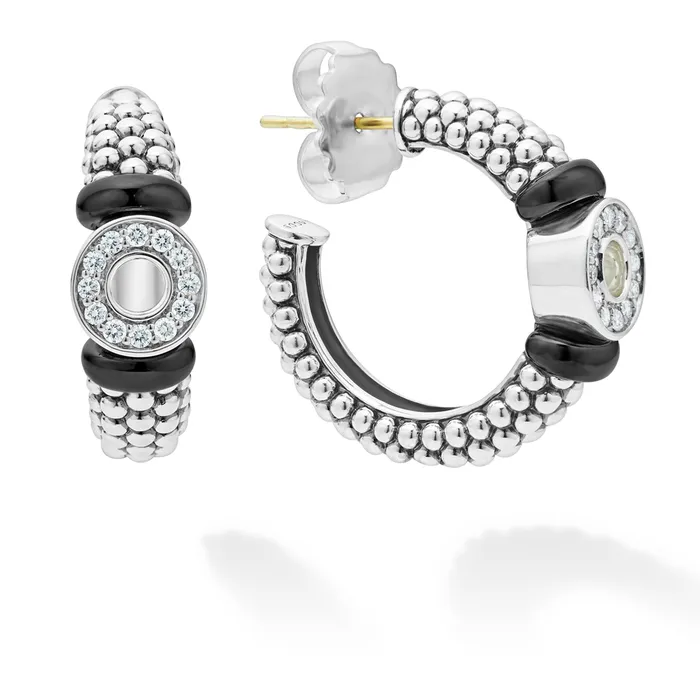 Black Caviar Ceramic and Diamond Circle Hoop Earrings LAGOS Earrings