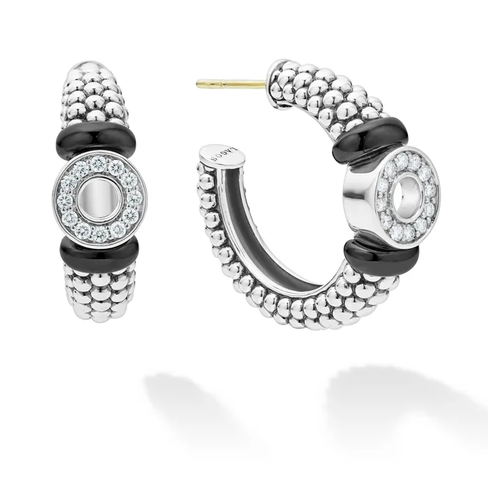 Black Caviar Ceramic and Diamond Circle Hoop Earrings LAGOS Earrings