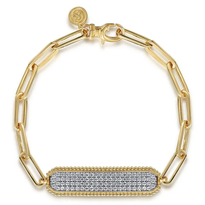 Bracelets 14K Yellow Gold Hollow Paperclip Chain Diamond Pave ID Bracelet GABRIEL CO