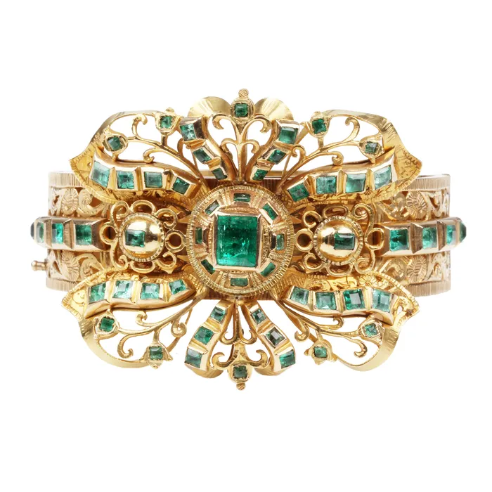Bracelets Bell Bird Antiques Antique Iberian Style Emerald Gold Bangle