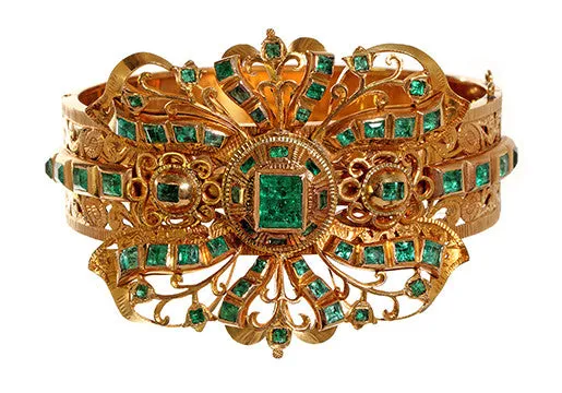 Bracelets Bell Bird Antiques Antique Iberian Style Emerald Gold Bangle