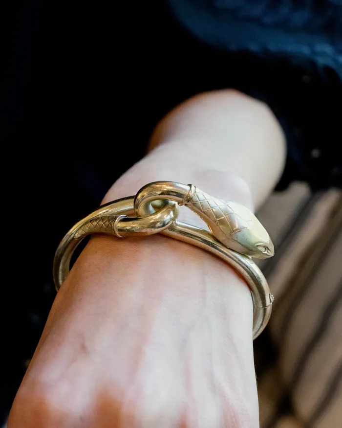 Bracelets Bell Bird Antiques Antique Snake Bangle Bracelet in Gilded Brass