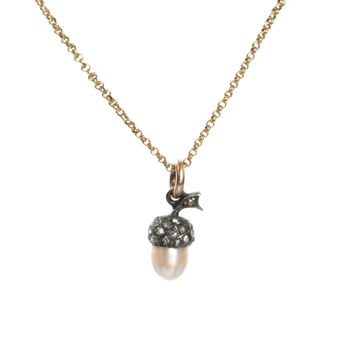 Diminutive Victorian Era Pearl and Diamond Acorn Necklace Bell Bird Necklaces Diminutive Victorian Era Pearl and Diamond Acorn Necklace Bell Bird Necklaces