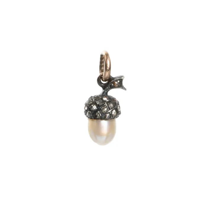 Diminutive Victorian Era Pearl and Diamond Acorn Necklace Bell Bird Necklaces