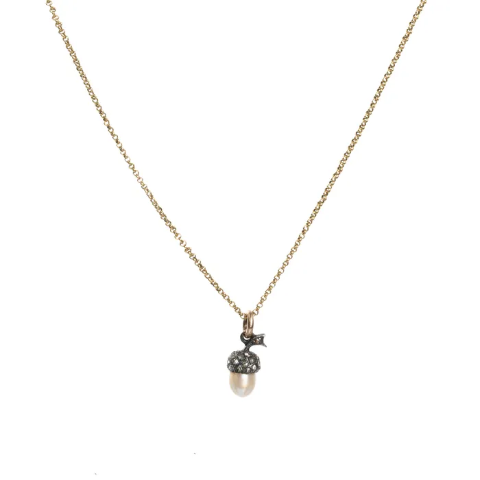 Diminutive Victorian Era Pearl and Diamond Acorn Necklace Bell Bird Necklaces