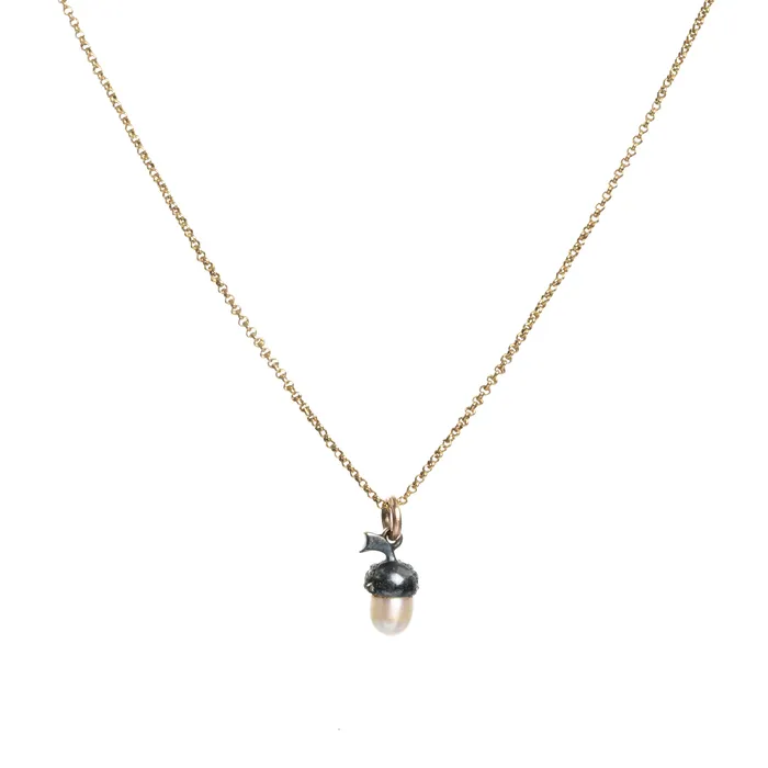 Diminutive Victorian Era Pearl and Diamond Acorn Necklace Bell Bird Necklaces