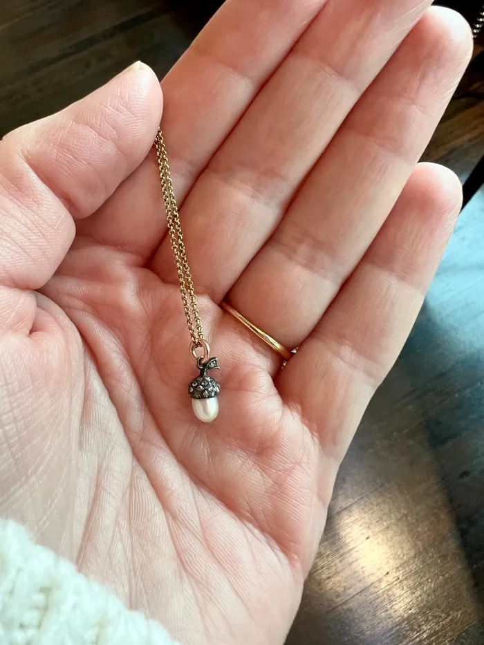 Diminutive Victorian Era Pearl and Diamond Acorn Necklace Bell Bird Necklaces