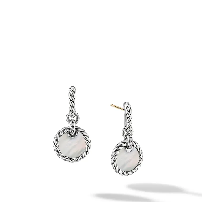 DY Elements Drop Earrings in Sterling Silver with Mother of Pearl and Diamonds 25mm David Yurman Earrings