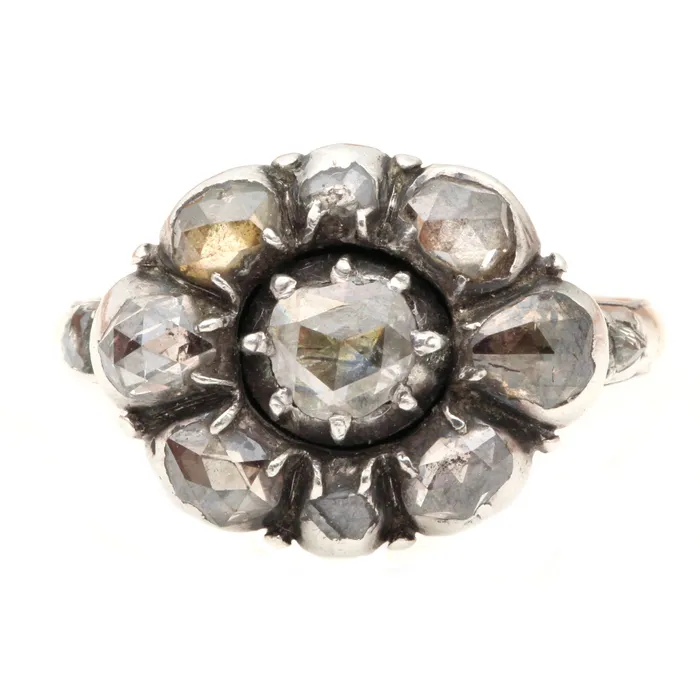 Early Georgian Rose Cut Diamond Cluster Ring Bell Bird Antiques Rings