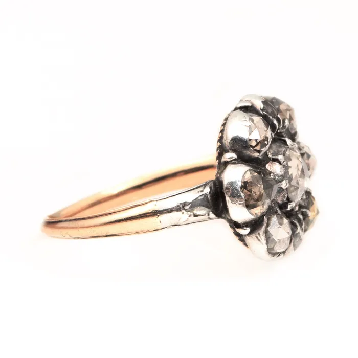 Early Georgian Rose Cut Diamond Cluster Ring Bell Bird Antiques Rings