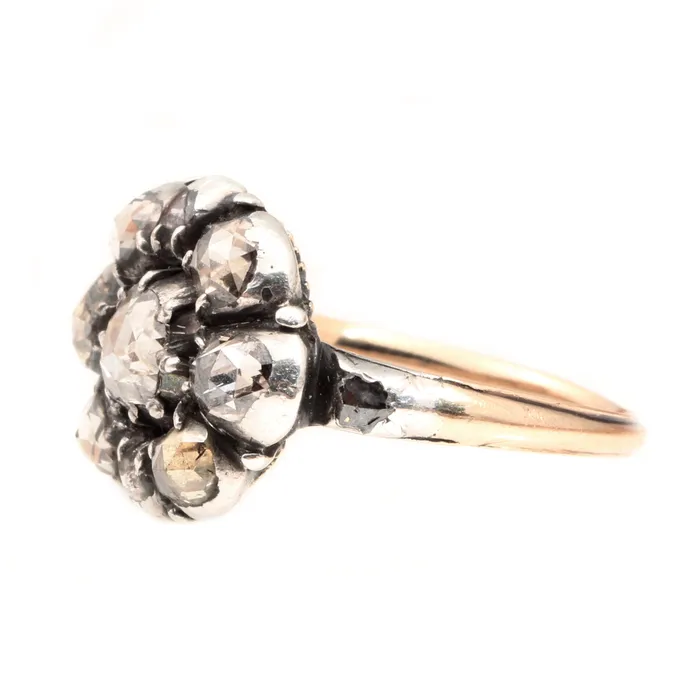 Early Georgian Rose Cut Diamond Cluster Ring Bell Bird Antiques Rings