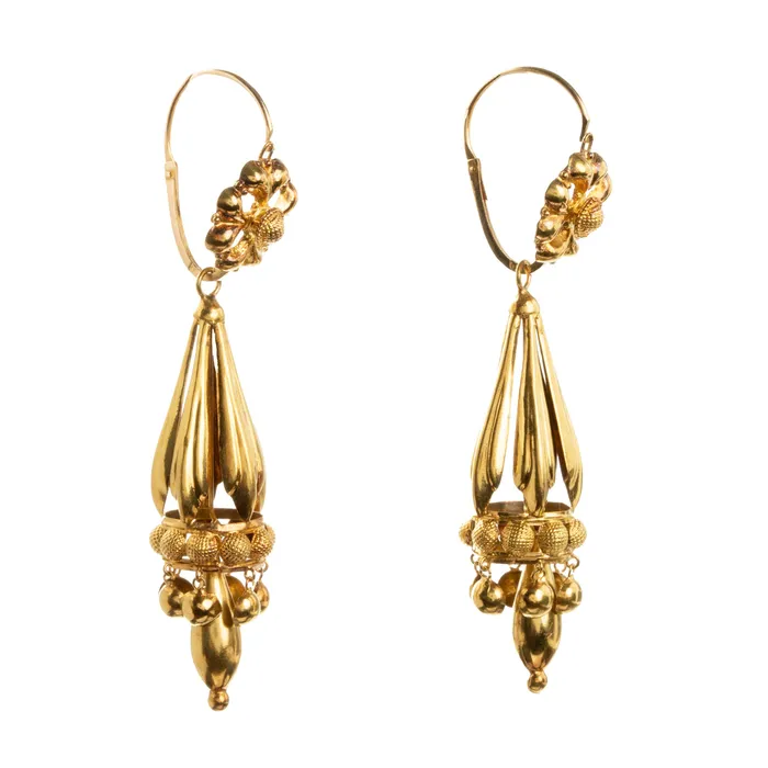 Earrings Bell Bird Antiques Victorian era day and night gold drop earrings
