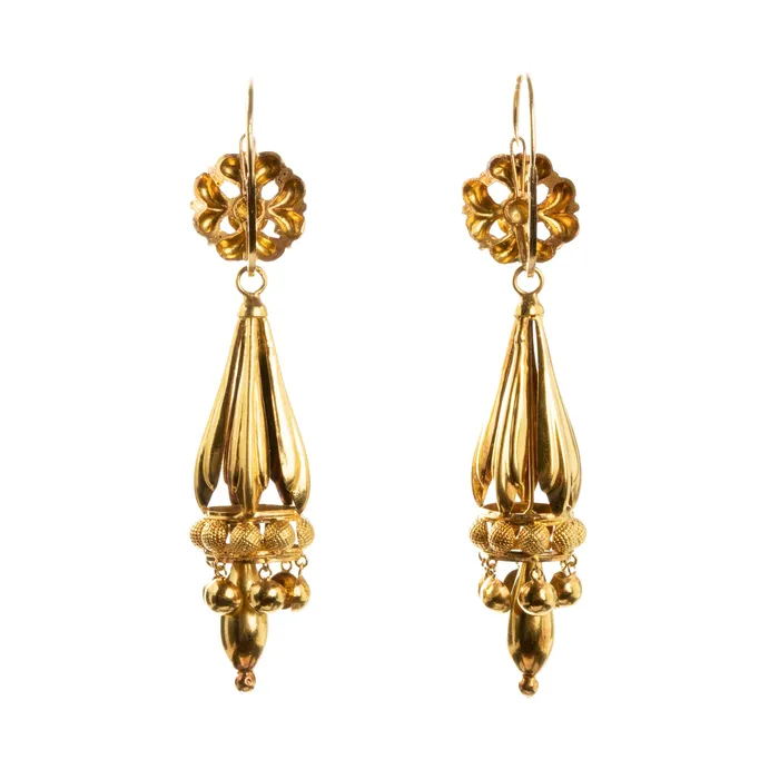Earrings Bell Bird Antiques Victorian era day and night gold drop earrings