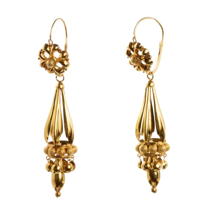 Earrings Bell Bird Antiques Victorian era day and night gold drop earrings