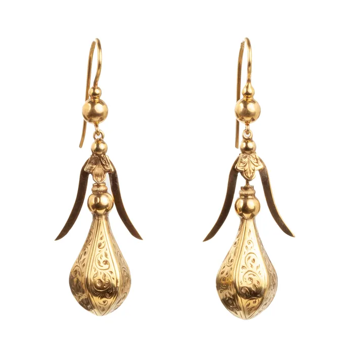Earrings Bell Bird Antiques Victorian Era Gold Teardrop Earrings