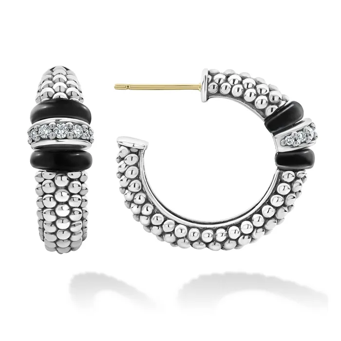 Earrings LAGOS Black Caviar Ceramic Caviar Diamond Hoop Earrings