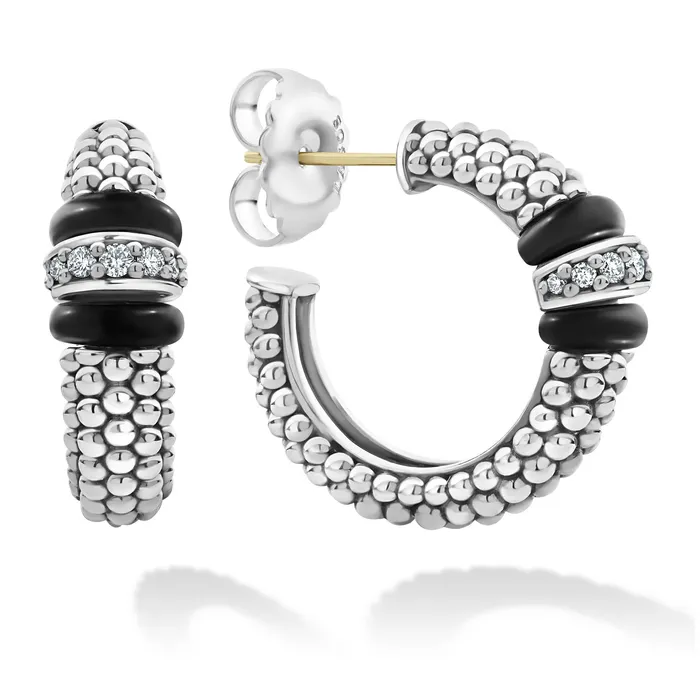 Earrings LAGOS Black Caviar Ceramic Caviar Diamond Hoop Earrings