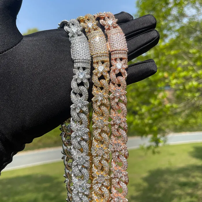 Flower Cuban Necklaces 18MM Flower Cuban Iced Out Diamond Necklace Chain