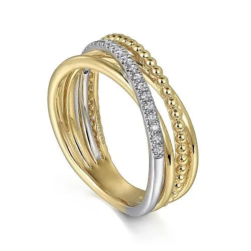 GABRIEL CO 14K White and Yellow Gold Diamond Criss Cross Bujukan Ladies Ring Rings GABRIEL CO 14K White and Yellow Gold Diamond Criss Cross Bujukan Ladies Ring Rings