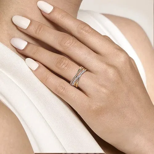 GABRIEL CO 14K White and Yellow Gold Diamond Criss Cross Bujukan Ladies Ring Rings GABRIEL CO 14K White and Yellow Gold Diamond Criss Cross Bujukan Ladies Ring Rings