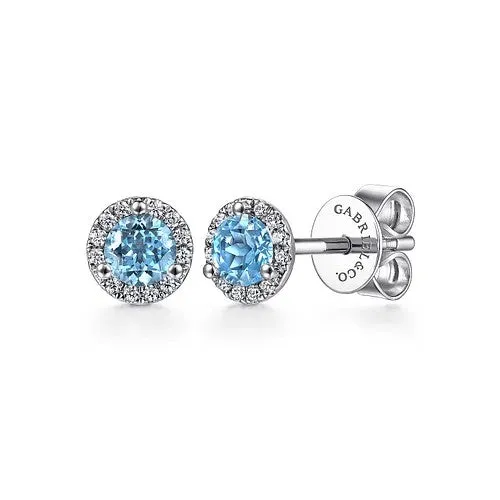 GABRIEL CO 14K White Gold Diamond Halo Swiss Blue Topaz Stud Earrings Earrings