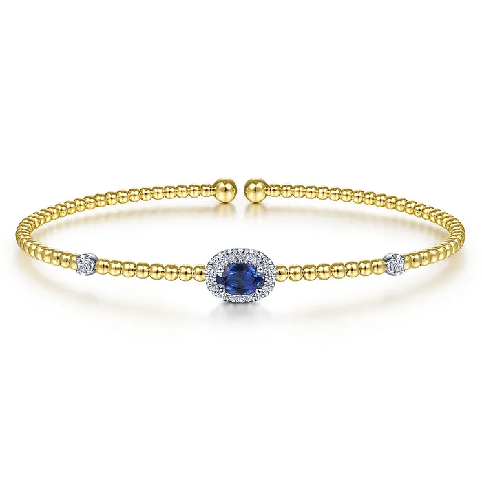 GABRIEL CO Bracelets 14K WhiteYellow Gold Bujukan Bead Cuff Bracelet with Sapphire and Diamond Halo Station