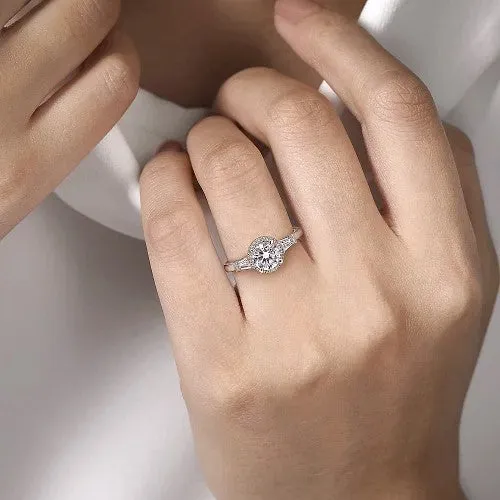 GABRIEL CO Rings Elinor 14K White Gold Round Three Stone Halo Diamond Engagement Ring Setting Only