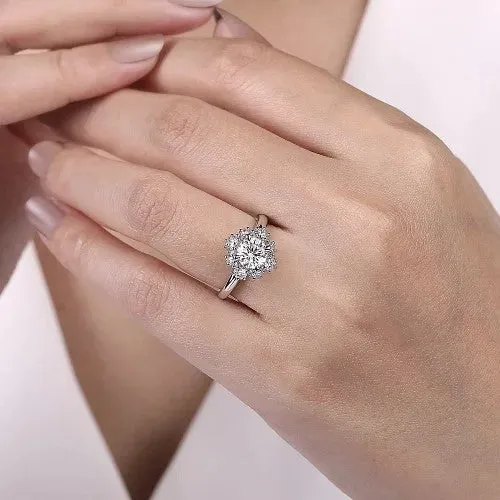 GABRIEL CO Rings Saralynn 14K White Gold Bursting Halo Round Diamond Engagement Ring Setting Only