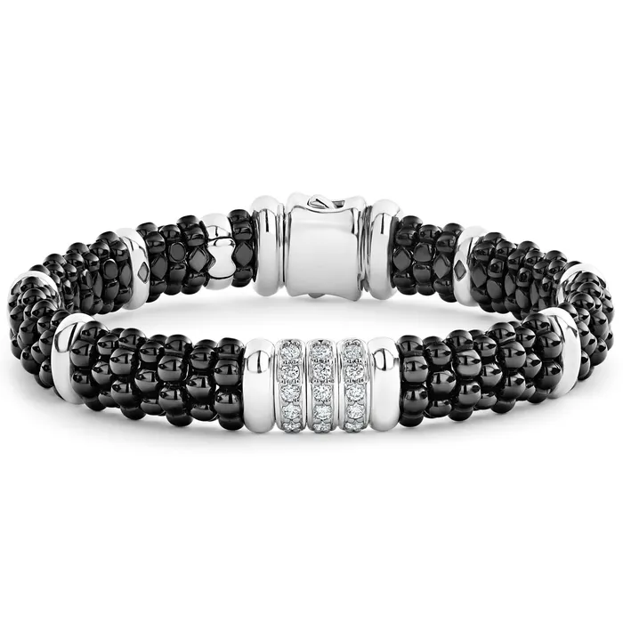 LAGOS Bracelets Black Caviar Three Station Ceramic Diamond Bracelet 9mm