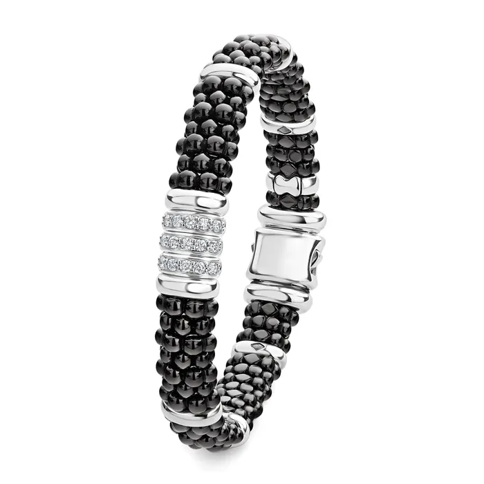 LAGOS Bracelets Black Caviar Three Station Ceramic Diamond Bracelet 9mm
