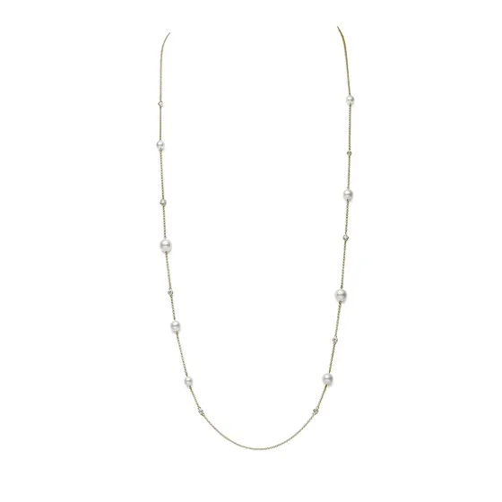 MIKIMOTO CO LTD Necklaces Akoya Cultured Pearl and Diamond Station Collection Necklace in 18K Yellow Gold 31 Inch MIKIMOTO CO LTD Necklaces Akoya Cultured Pearl and Diamond Station Collection Necklace in 18K Yellow Gold 31 Inch