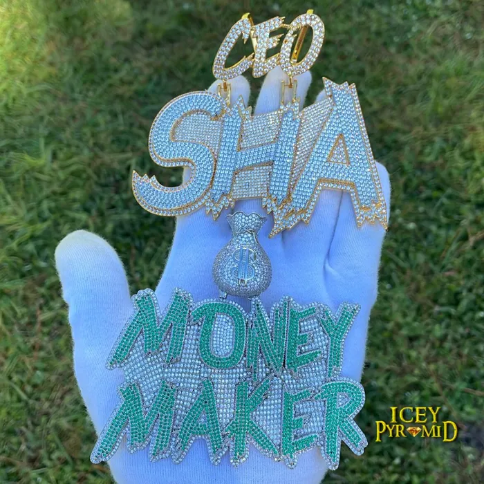 Money Bag Bail Two Tone Solid Iced Out Personalized Custom Name Necklace Pendant MONEY BAG BAIL Necklaces