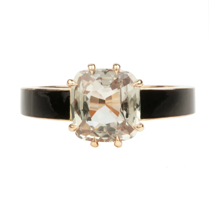Natural Sapphire set in Eight Prong Solitaire on Black Enamel Band Bell Bird In House Rings Natural Sapphire set in Eight Prong Solitaire on Black Enamel Band Bell Bird In House Rings