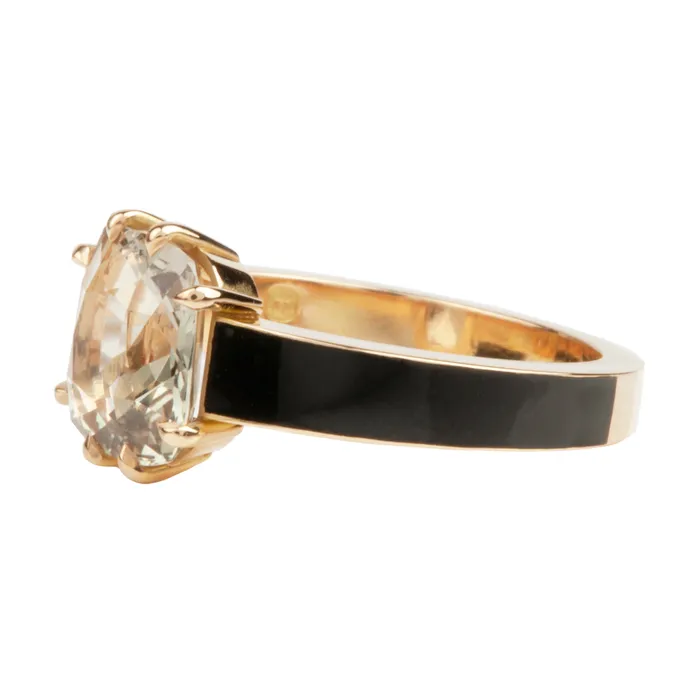 Natural Sapphire set in Eight Prong Solitaire on Black Enamel Band Bell Bird In House Rings
