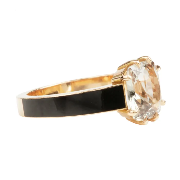 Natural Sapphire set in Eight Prong Solitaire on Black Enamel Band Bell Bird In House Rings
