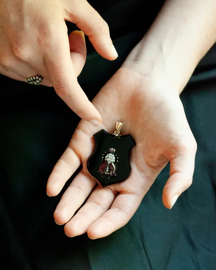 Necklaces Bell Bird Antiques Victorian Era Onyx and Diamond Beetle Locket
