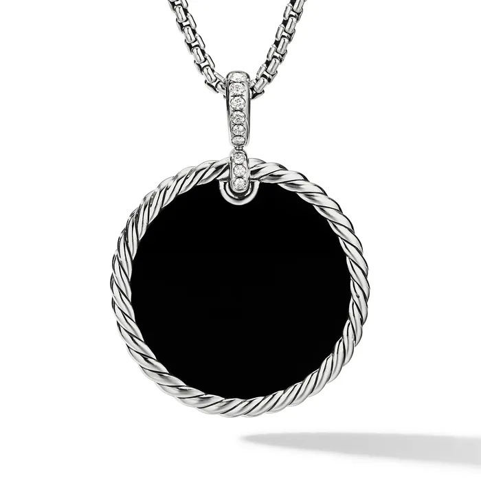 Necklaces David Yurman DY Elements Reversible Disc Pendant in Sterling Silver with Black Onyx Reversible to Mother of Pearl and Diamonds 32mm Necklaces David Yurman DY Elements Reversible Disc Pendant in Sterling Silver with Black Onyx Reversible to Mother of Pearl and Diamonds 32mm