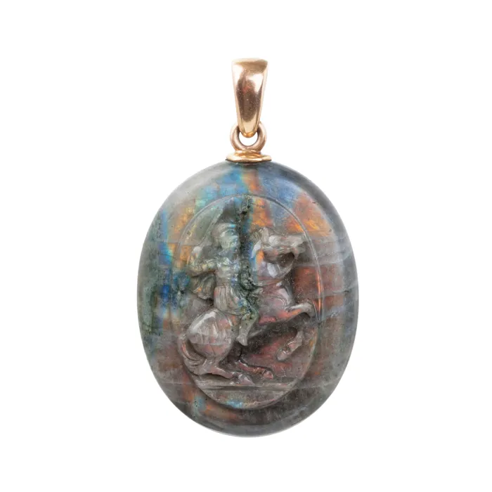 Necklaces Late 19th Century Labradorite Locket Bell Bird Antiques