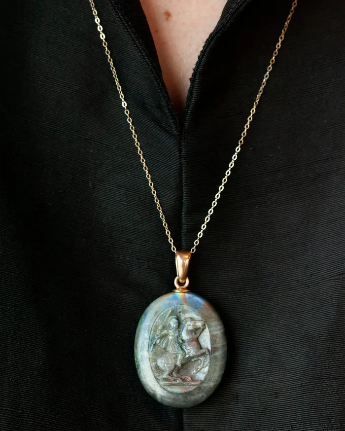 Necklaces Late 19th Century Labradorite Locket Bell Bird Antiques