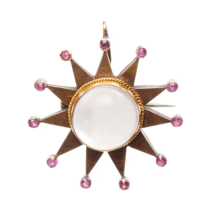 Necklaces Late Victorian Moonstone and Ruby Star Pendant and Lion Tassie Bell Bird Antiques Necklaces Late Victorian Moonstone and Ruby Star Pendant and Lion Tassie Bell Bird Antiques