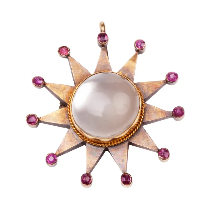 Necklaces Late Victorian Moonstone and Ruby Star Pendant and Lion Tassie Bell Bird Antiques