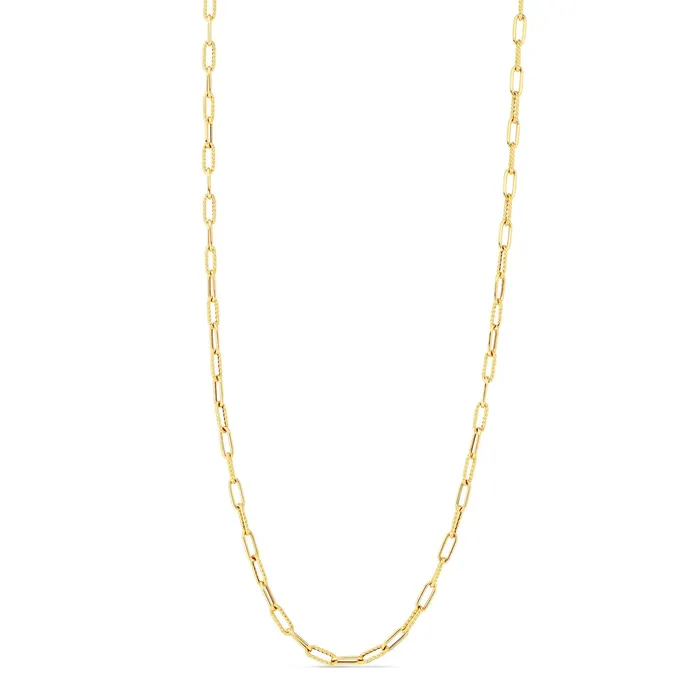 Necklaces ROBERTO COIN 18K DESIGNER GOLD ALTERNATING POLISHED AND FLUTED PAPERCLIP LINK 17 INCH CHAIN