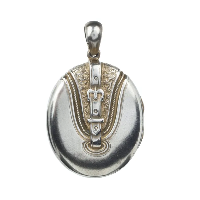 Necklaces Victorian Era Gilded Silver Buckle Locket Bell Bird Antiques