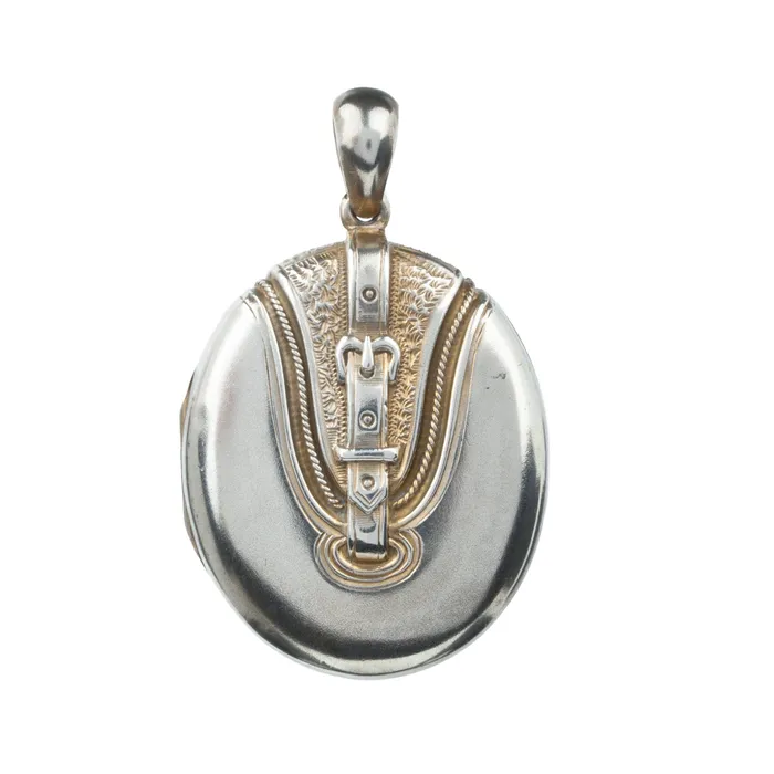 Necklaces Victorian Era Gilded Silver Buckle Locket Bell Bird Antiques