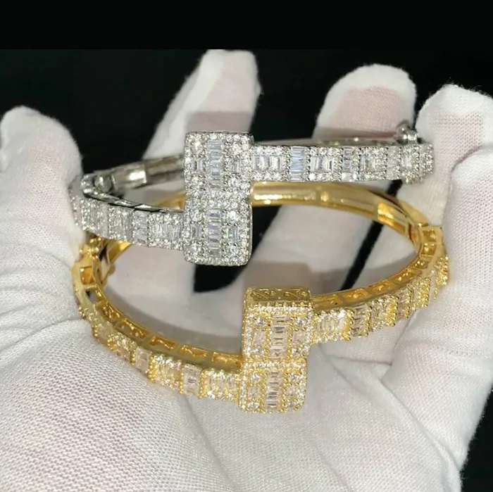 Openable 7MM Openable Square Baguette Iced Out Diamond Bracelet Bracelets