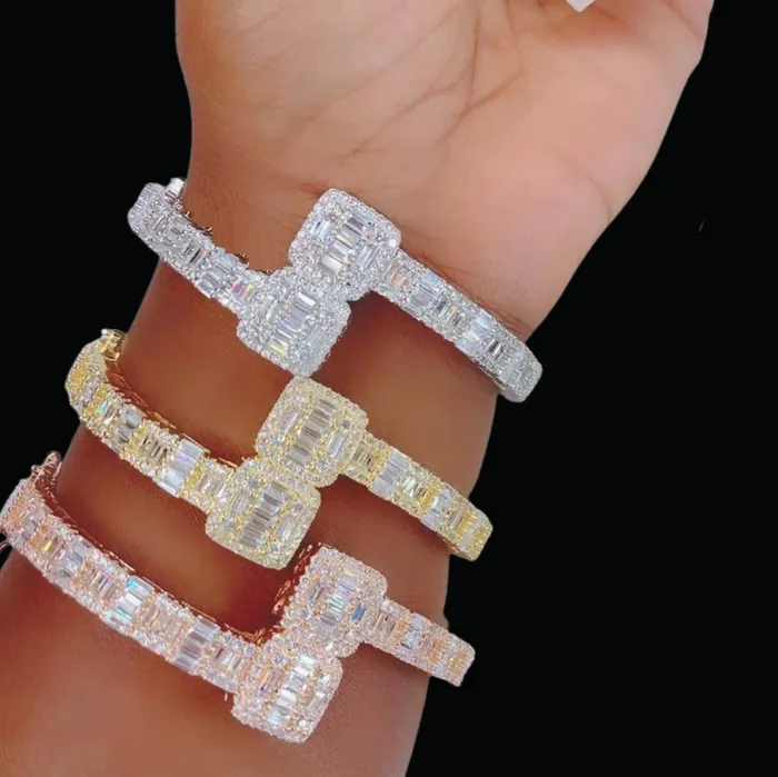 Openable 7MM Openable Square Baguette Iced Out Diamond Bracelet Bracelets
