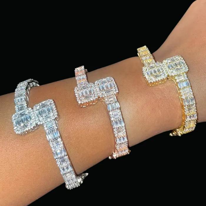 Openable 7MM Openable Square Baguette Iced Out Diamond Bracelet Bracelets