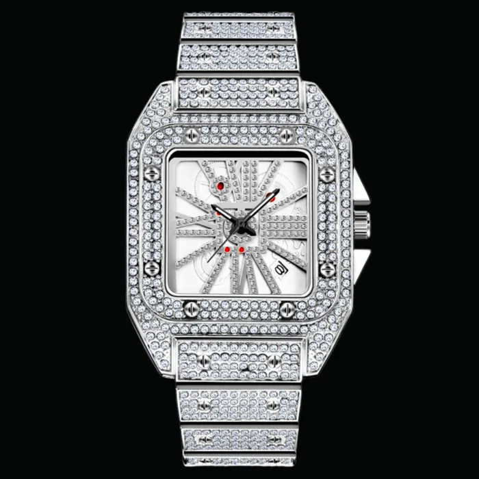 POPULAR Earrings Square Special Red Dial Date Iced Out Diamond Watch